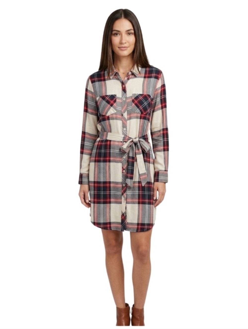 BEACHLUNCHLOUNGE Red Plaid Button Down Women's Tunic Dress with Matching Belt